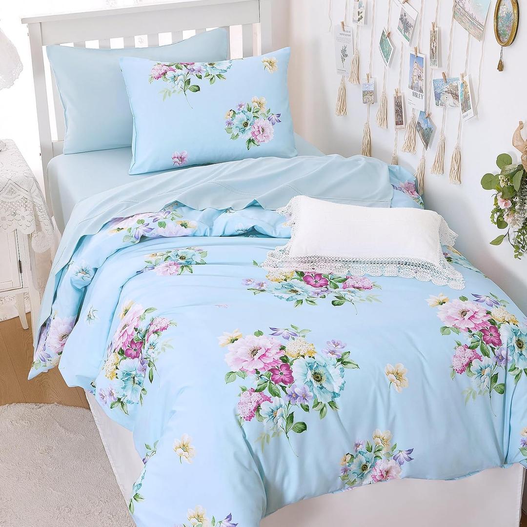 Wake In Cloud - Floral Comforter Set, Shabby Chic Farmhouse Cottagecore Vintage Colorful Pastel Spring Flowers, Soft Lightweight Bedding for Women Girls, 3 Pieces, Blue, Twin/Twin XL Size