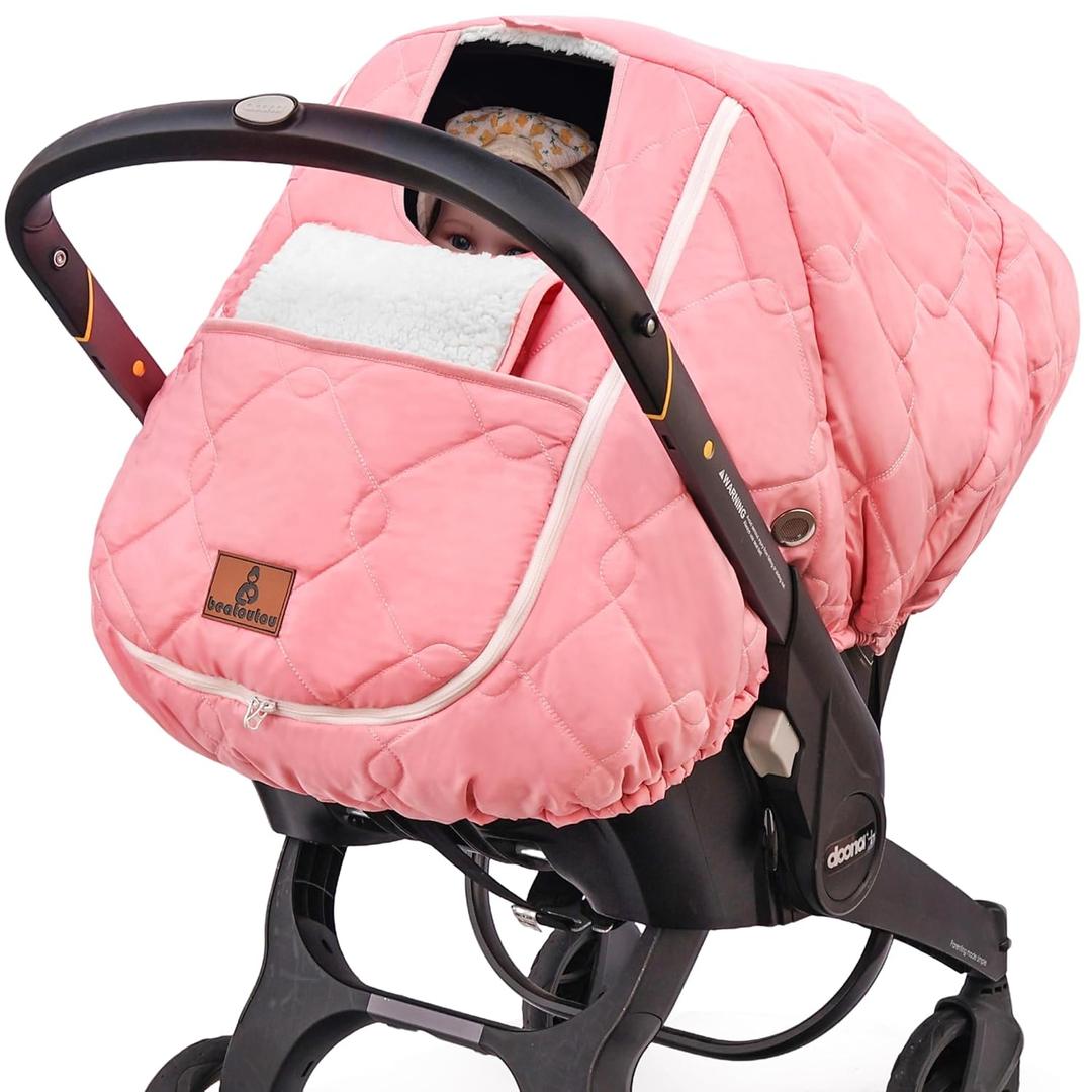 Winter Carseat Cover for BabyWaterproof Baby Car Seat Cover Compatible with Doona Car Seat and StrollerCold Weather Warm Car Seat Covers for Babies, Keeps Babies Warm and Cozy (Pink)