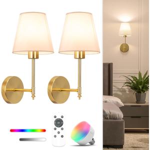 NIORSUN 14.5 inch Battery Operated Wall Sconce Set of 2,Gold Rechargeable Wall Lights with 5200mAh Dimmable Detachable Bulbs and Remote,9 Colors Wireless Sconces for Bedroom Living Room Hallway Decor