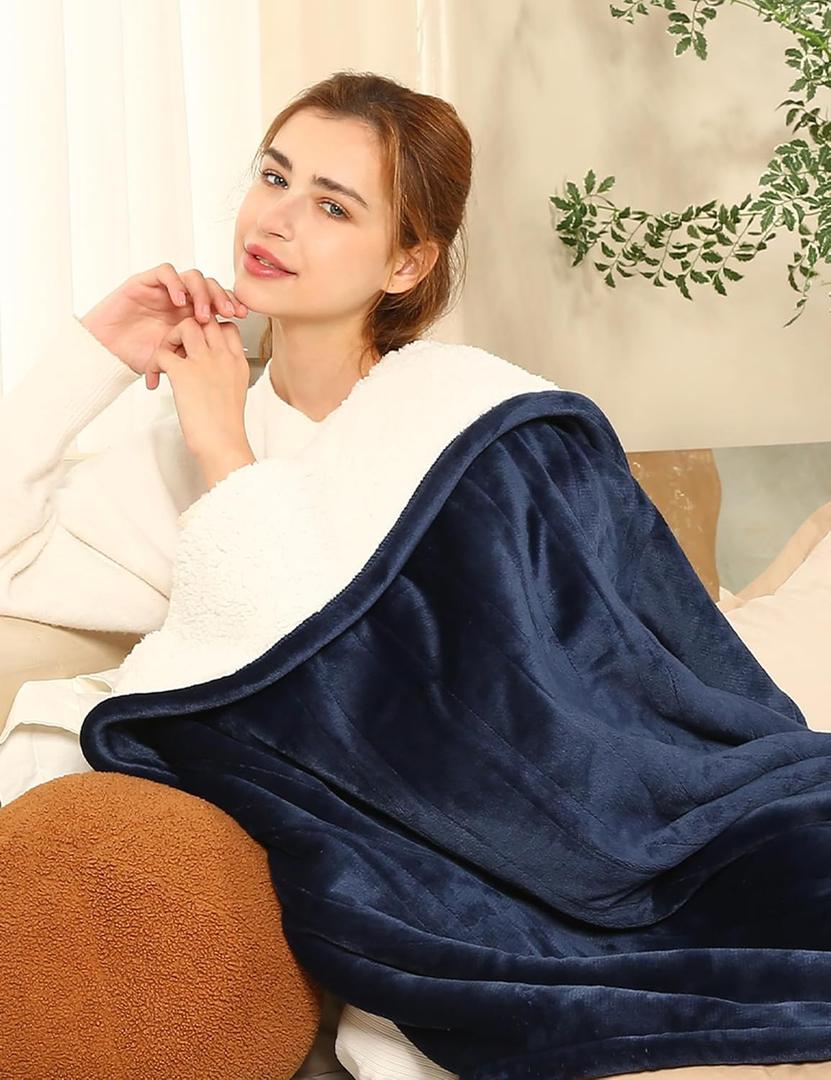 ESTINGO Heated Throw Blanket Electric Blanket, 50"x60" Heating Blanket with 5 Heating Levels & 4 Hours Auto Off, Reversible Flannel Sherpa Electric Throw Blanket with OverHeat Protection, Navy Blue