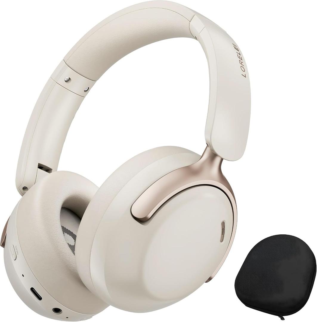 LORELEI QC30 Hybrid Active Noise Cancelling Headphones,Over-Ear Wireless Bluetooth,Beige Protein Leather, Active Noise Control & Transparency Mode,Deep Bass, Built-in Mic