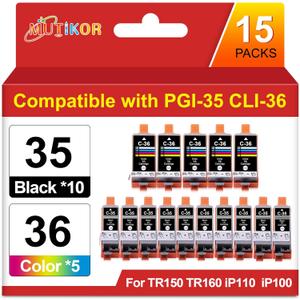 15 Packs pgi35 cli36 Ink Replacement for Canon 35 36 Ink Cartridge for Printers TR160 TR150 iP110 iP100, Compatible for Canon tr150 Ink Cartridges (10 Black pgi-35 | 5 Tri-Color cli-36)
