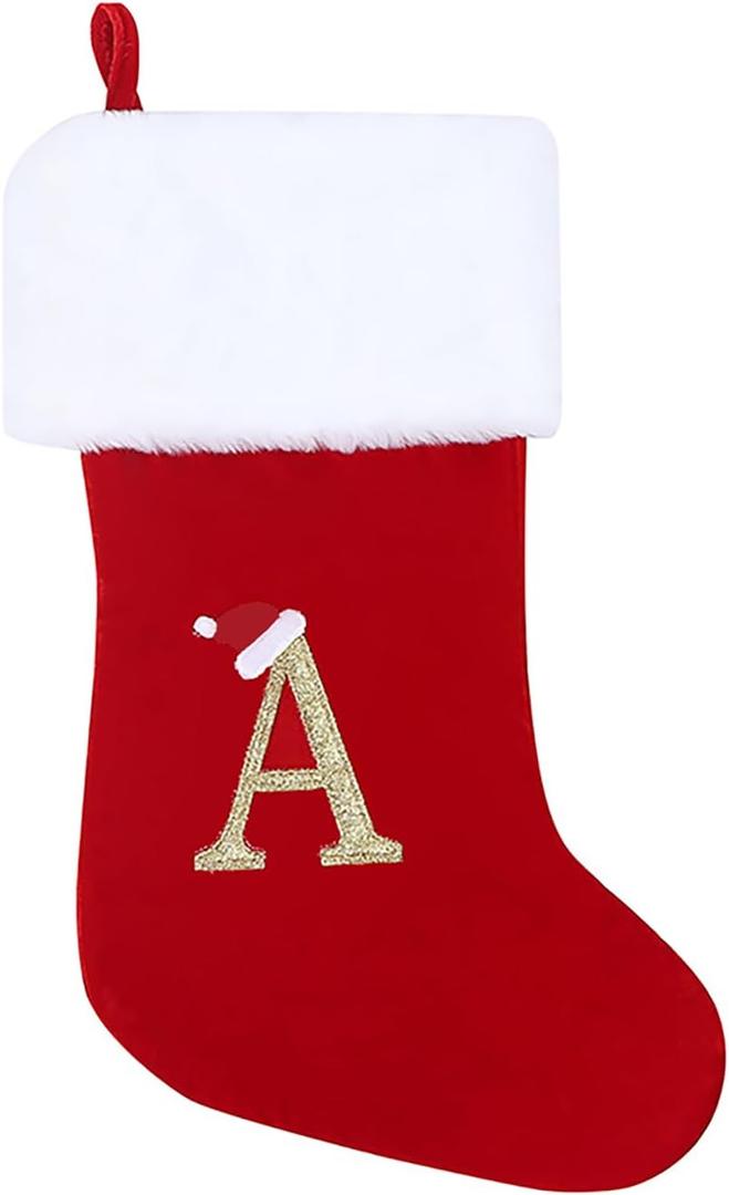 20 Inches Monogram Christmas Stockings, Red Velvet with White Super Soft Plush Cuff Large Stocking Decorations for Fireplace Hanging and Family Xmas Holiday Party