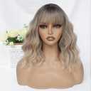 MINLEE Ombre Blonde Wig with Bangs for Women 14 Inch Short Bob Wavy Curly Wig Blonde Hair Wigs Natural Looking Heat Resistant Synthetic Wigs
