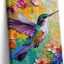 2D No Texture Colorful Painting Hummingbird Canvas Wall Art, Spring Flower Wall Decor, Hummingbird Picture for Wall Living Room Bathroom Bedroom Home Decoration 24*36 in (Stretched Canvas on A Wooden Frame)