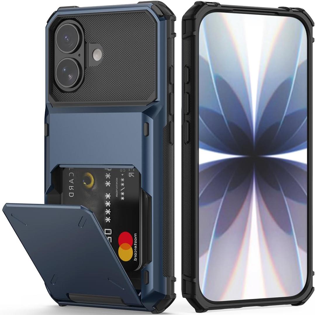 Nvollnoe Compatible with iPhone 17 Case with Card Holder[Store 5 Cards] Dual Layer Heavy Duty Shockproof Wallet Case with Hidden Card Slot Large Storage Cover for Men&Women 6.3''(Blue)