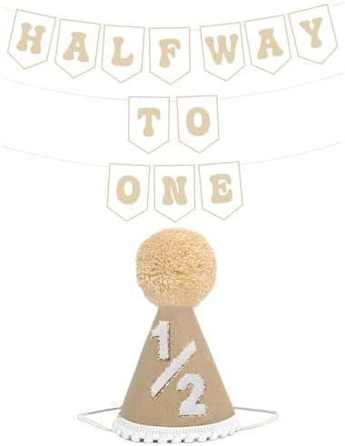 6 Months Birthday Decorations, Beige Half 1/2 Birthday Decorations With Half Way To One Banner And 1/2 Bir-thday Hat For Six Months Ha-Lf Year BD Decor-ations Boy Girls