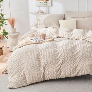 HYMOKEGE Beige Duvet Cover Queen Size, Ultra Soft 3-Piece Seersucker Duvet Cover Set with Zipper Closure, Soft Brushed Microfiber Bedding Set with 8 Corner Ties (90"x90", 2 Pillowshams)