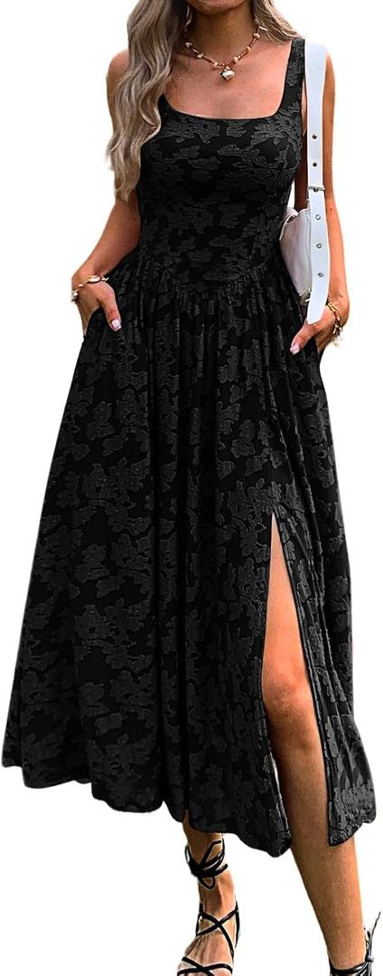 Mieazom Women's Summer Floral Boho Flowy Slit Maxi Dress Square Neck Drop Waist Beach Vacation Long Sundress with Pockets (Black, XL)