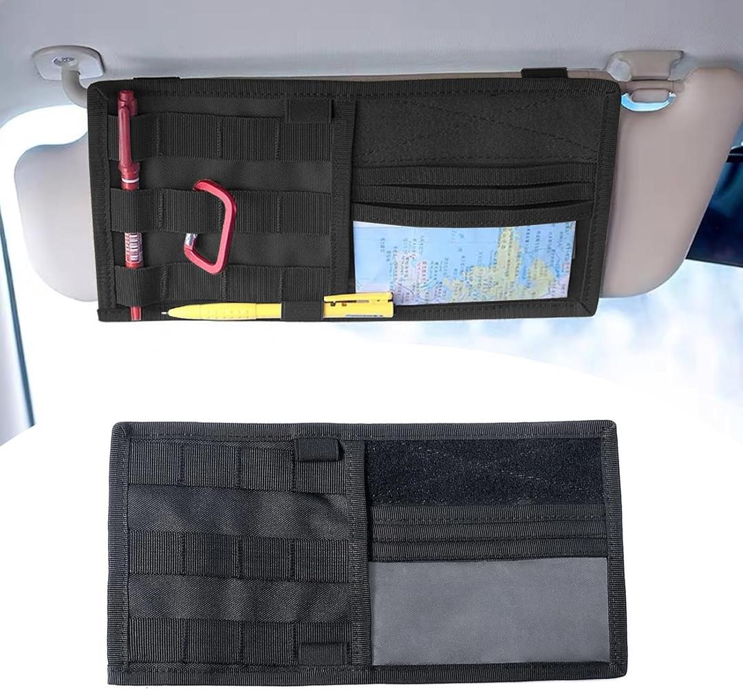 1 PC Car Sun Visor Storage Bag, Pen Carabiner Card File Multifunctional Pocket Organizer, Nylon Sports and Leisure Outdoor Sports Storage Bag, Universal for Car Sun Visor Accessories (Black)