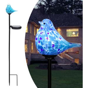 Afirst Decorative Solar Lights Outdoor Solar Bluebird Stake Lights Hand Blown Glass Decorative Garden Pathway Lights Outdoor Waterproof Glass Stakes