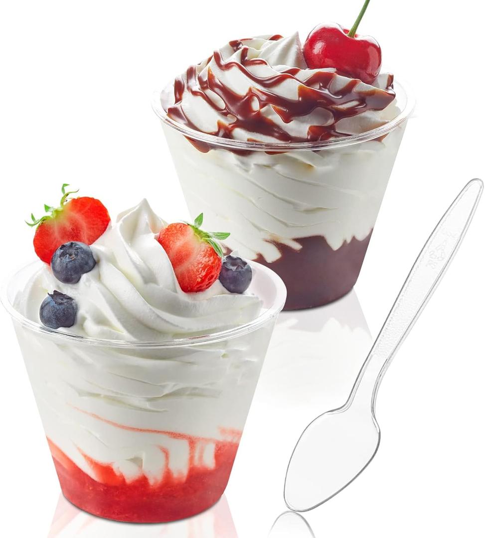 50 Pack 5 oz Plastic Dessert Cups with Spoons, Mini Mousse Cup Round Pudding Cups Party Serving Bowl for Cocktails Appetizers Fruit Parfait and Trifle