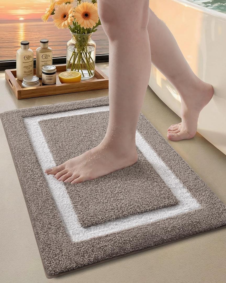 Color&Geometry Beige Bathroom Rugs 24x16, Extra Soft Absorbent Microfiber Bath Rugs, Non-Slip Bathroom mat, Washable Plush Bath Mats for Bathroom, Shower, Bathtub, Laundry, Beige (3-beige White)