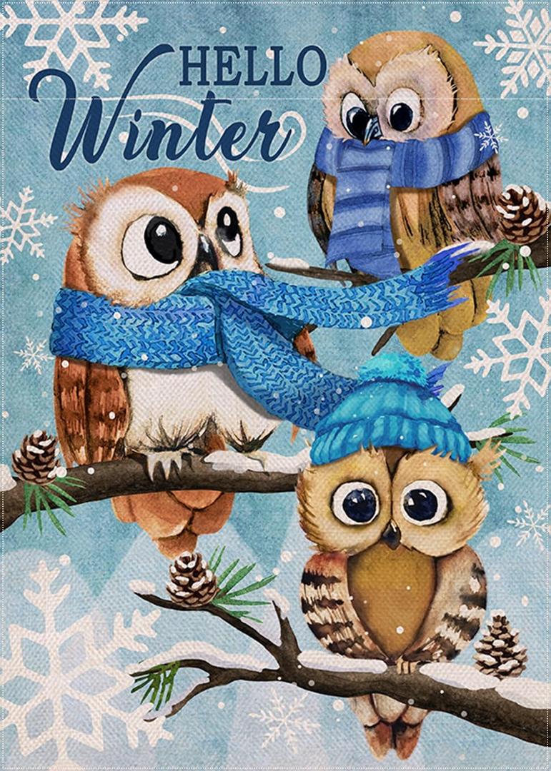 Covido Owls Winter Garden Flag, Animals Yard Decor, Christmas Snow Farmhouse Outdoor Small Decor Double Sided 12x18