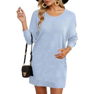 Dokotoo Womens Sweater Dresses 2025 Trendy Casual Crew Neck Long Sleeve Textured Pullover Knit Dress (Medium, Sky Blue)