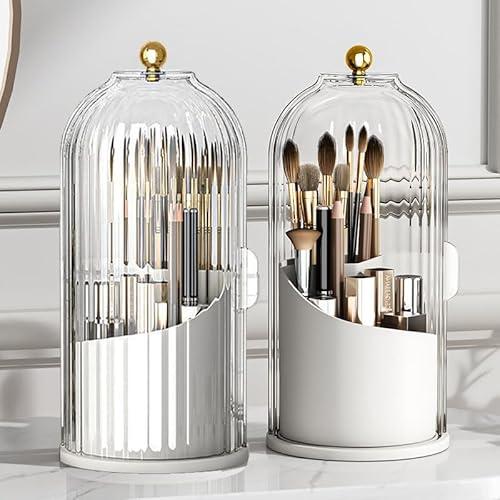 Ezebesta 1PCS Makeup Brush Holder Organizer with Clear Lid 360 Rotating Sliding Opening Dustproof Brushes Container for Vanity