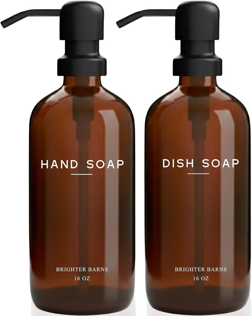 Amber Glass Hand and Dish Soap Dispenser Set by Brighter Barns - Modern Kitchen Decor & Accessories for Airbnb, RV, Office, Housewarming Gifts (Amber)