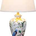 White Flower & Bird Ceramic Table Lamp,Hand-Painted Chinoiserie Lamp, Fabric Lampshade Nightstand Lamp for Bedroom Living Room Office College Bookcase