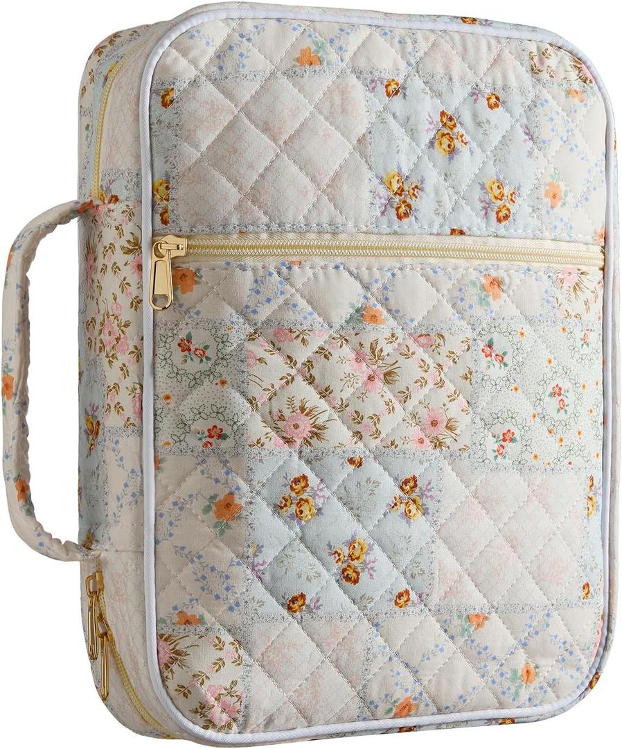 Bible Cover Case for Women,Bible Tote Bag Large Quilted Bible Cover with Durable Handle Carrying Case for Girls Bible Study Supplies Accessories,Christmas Christian Gifts for Women (Spliced Flower)