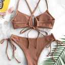 ZAFUL Women's High Cut Bikini Sets Ribbed V-Wire Cami Bikini Two Piece Swimsuit (Brown, XL)