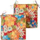 Outdoor 18 inch Square Patio Dining Chair Pads – Comfortable Fiber-Filled Seat Cushions with Ties, Reversible Polyester Fabric - Aloha Red Floral, Set of 2
