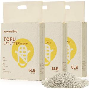 FUKUMARU Tofu Cat Litter, 100% Natural Ingredients Litter, Flushable, Dust Free, Quick Clumping, Lightweight, Low Tracking Cat Litter Pellets, Effective Odor Control, Unscented, 18 LBS (3 Packs) (18lbs, 6lb x 3 Bags)