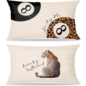 Leopard Cheetah Throw Pillow Covers 12x20 Set of 2,Preppy Lucky 8 Ball Cheetah Lumbar Throw Pillow Covers,Trendy Preppy Leopard Throw Pillow Covers for Girls Room College Dorm Home Room Decor
