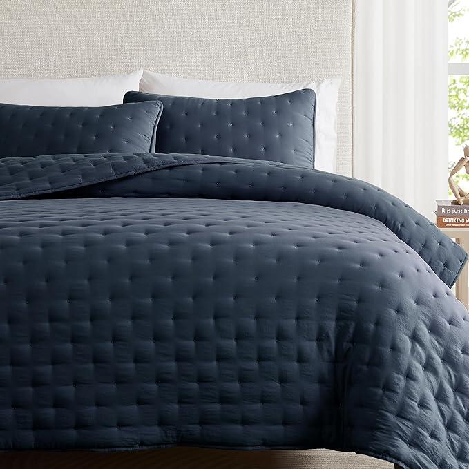 WDCOZY Navy Blue Cloud Twin Size Quilt Set, Tan Lightweight Farmhouse Bedspread, Rustic Country Coverlet, Taupe Camel Soft Bedding, Thin Comforter for All Season - 2 Pieces, 68x90 inches