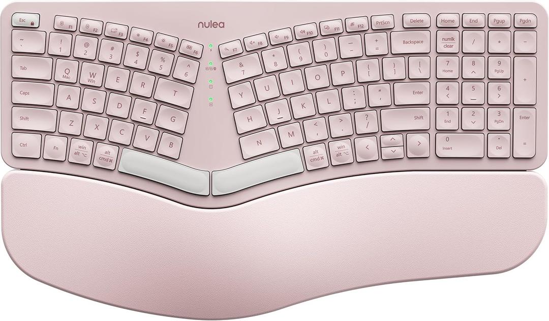 Nulea Wireless Ergonomic Keyboard, Split Keyboard with Cushioned Wrist Rest, Bluetooth and USB Connectivity, USB-C Rechargeable, Compatible with Windows Mac (Grey Pink)