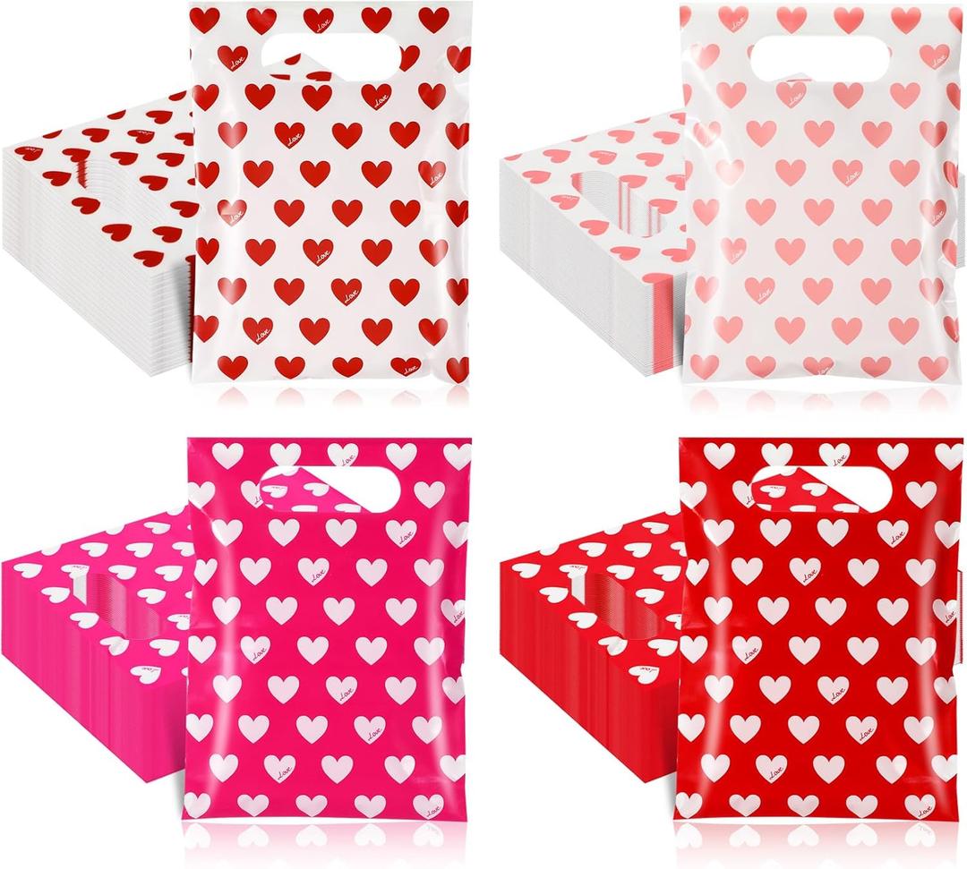 Pasimy 240 Pcs Valentines Day Plastic Treat Bags 6 x 8 Inch Heart Gift Bags with Handle Small Valentines Goodie Bags Bulk Pink Merchandise Bag for Retail Business Boutique Store Packaging