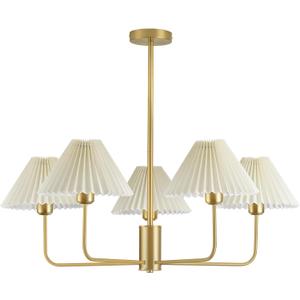 Gold Chandelier Light Fixture, 5-Lights Mid Century Chandelier with Shades for Dining Room Light Fixture, Adjustable Height White Pleated Farmhouse Pendant Light for Bedroom Ceiling Lamp