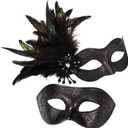 Black Couples Masquerade Mask Set - Women's Masquerade Mask with Feathers & Venetian Mask for Men, Mardi Gras, Halloween, Cosplay, Prom, Christmas