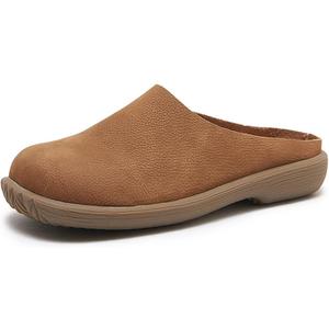 Women's Genuine Leather Rubber-Soled Non-Slip Mules, Casual Soft Leather Flat Slingback Comfory Half Loafers Causal Slippers for Work Walking (5, Brown)