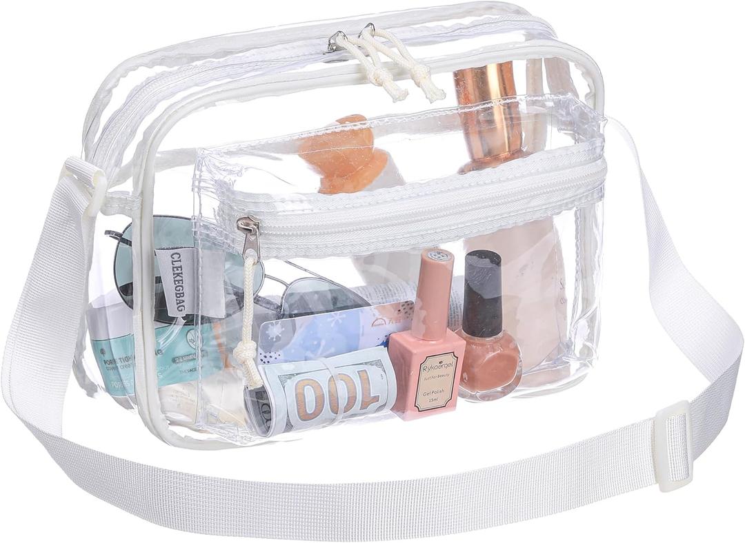 2 x Women's See Through Messenger Bag Clear Stadium Work Crossbody Shoulder Purse (Beige White)