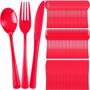 300 Pcs Plastic Silverware Heavy Duty Cutlery Set Plastic Utensils Set Includes 100 Disposable Spoons 100 Forks Knives for Parties Catering Family Gathering(Red)