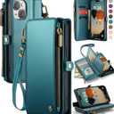 Defencase Compatible with iPhone 15 Plus Case Wallet with RFID Blocking Card Holder for Women Men, PU Leather Magnetic Snap Flip Zipper Strap Wallet Phone Case Fit for iPhone 15 Plus 6.6", Blue Green