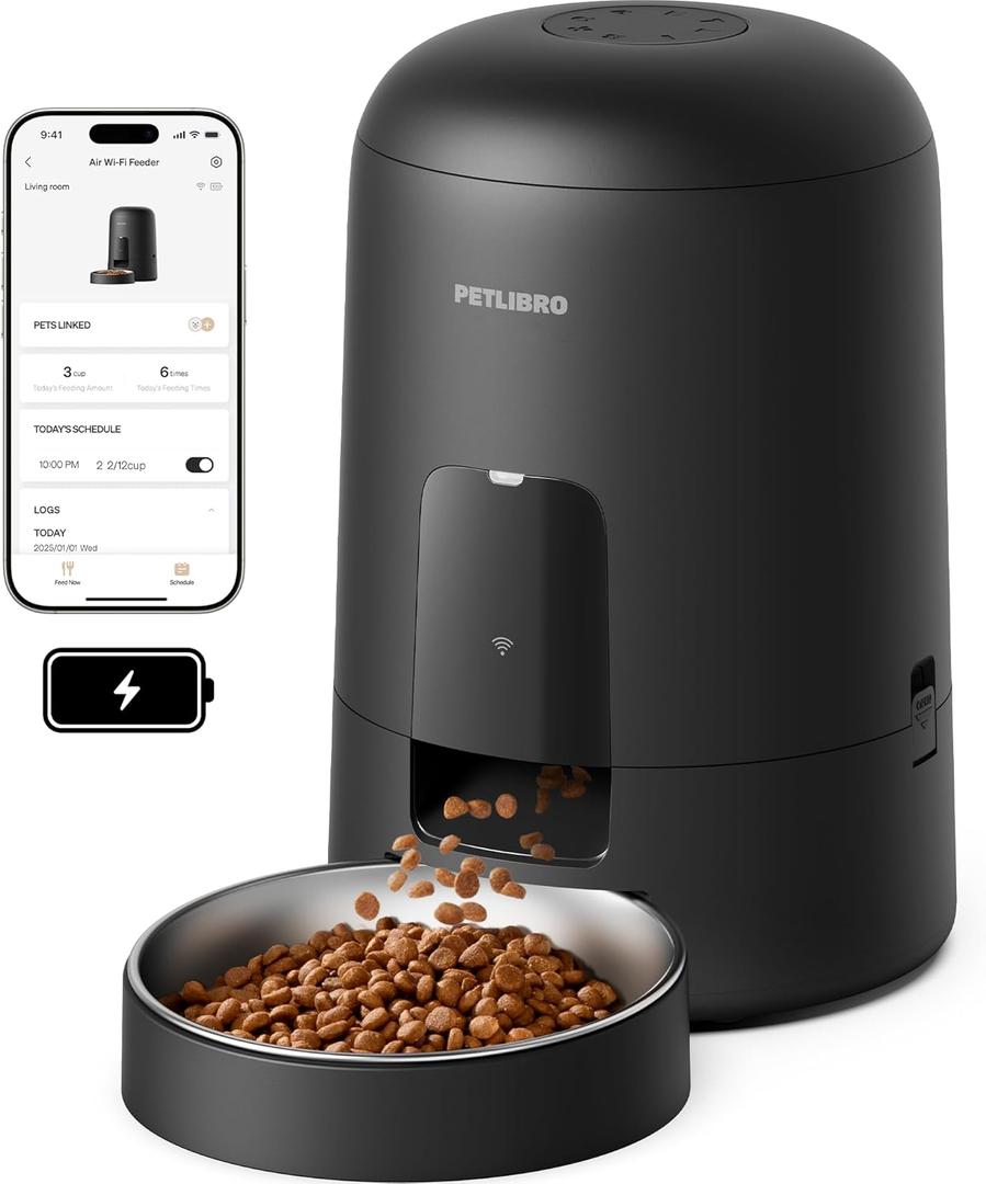 PETLIBRO Automatic Cat Feeder, Wi-Fi Rechargeable Cats Food Dispenser Battery-Operated with 30-Day Life, AIR 2.4G Wi-Fi Timed Pet Feeder for Cats & Dogs, 2L Auto Cats Feeder, Black