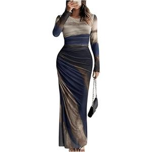 Womens Long Sleeve Maxi Dress Mesh Bodycon Spring Fall Formal Wedding Guest | Tie Dye Ruched Night Out Cocktail Party Long Dresses, medium
