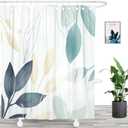 Mordern Art Blue Watercolor Leaves Fabric Shower Curtain, Blue and Green Plants Dcor Bathroom Decoration Curtain. 71" x 71", Light Green Background