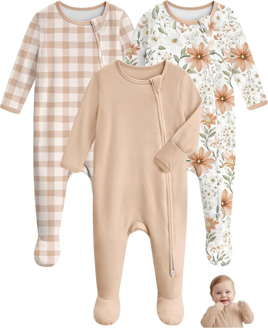 Unnivoll Baby Pajamas 100% Cotton Baby Sleepers 3Pcs Footie Pajamas Baby Boys Girls Clothes 6-9M