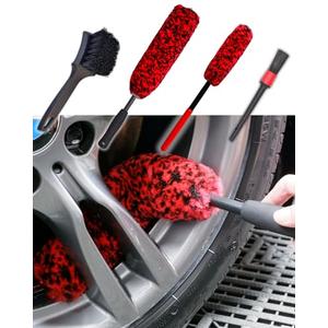 oesee Professional 3 Pack Long Handle Wheel Brush Kit for Cleaning Wheel and Tire- 2X Soft Wheel Cleaning Brush, Detailing Brush and Stiff Tire Brush, Bendable& Durable Wheel Rim Cleaner Brush Set