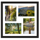 Black picture Lacopgr 5x7 Photo Collage Frame 4 Openings Wooden, Multi Picture Frame Collage 14x14 Gallery Wall Decor, Black Frame with White Mat, Wood