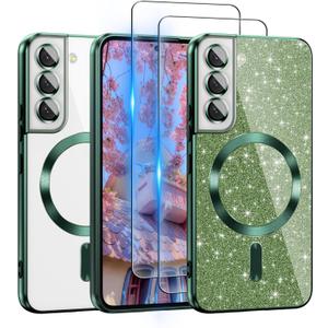 ATUMP for Galaxy S22 Case Compatible with MagSafe, [Glitter Card & 2PCS HD Screen Protectors] Cute Bling Sparkly [Never Yellowing], Slim Shockproof Anti-Scratch Soft Clear Case for Women, Green (Galaxy S22 6.1 inch)