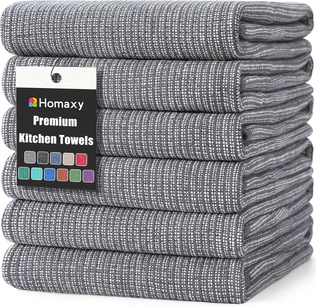 Homaxy Premium Kitchen Towels(18x 28, 6 Pack), Large Cotton Kitchen Hand Towels, Flat and Terry Dish Towels, 380 GSM Highly Absorbent Tea Towel Set with Hanging Loop, Grey