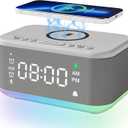 Alarm Clock Speaker Wireless Charger, Digital Alarm Clocks Bedrooms Bluetooth, Alarm Clock Dimmable Light Bedrooms Dual Alarm Snooze Dimmer 12 24H RGB Night Light Bluetooth USB AUX, Gray