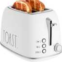 Rae Dunn Retro Rounded Bread Toaster, 2 Slice Stainless Steel Toaster with Removable Crumb Tray, Wide Slot with 6 Browning Levels, Bagel, Defrost and Cancel Options, White