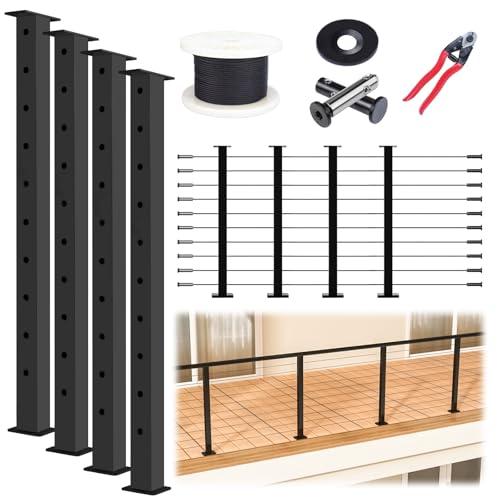 Muzata 15-20FT Modular Black Cable Railing Kit 36 Inch 4 Level Post Kit Complete Set Cable Railing System for Decks Length Adjustable Easy DIY with Paper User Guide (No Handrail) RWS2 BH4S