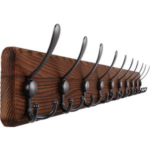 Rustic 38.6" Large Coat Rack Wall Mount, Long Wood Coat Hooks with 10 Triple Hooks, Heavy Duty Wooden Coat Hanger Wall Mount for Entryway, Farmhouse Hanging Jackets, Coats, Hats, Bags,Towel (Brown Plate & Black Hook)