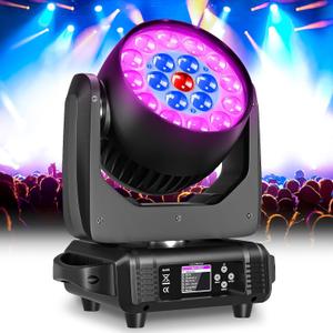 LED Moving Head Light 19x15W Beam/Wash/Zoom Effect, RGBW 4in1 Stage Lights Professional Auto, DMX512,Sound Activated and Self-propelled Control DJ Lights for Music Party Disco Wedding (1PC)