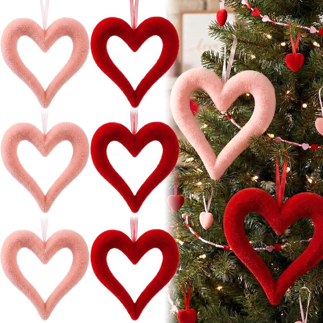 6 Pcs Large Heart Ornaments for Valentines 10'' 3D Glitter Heart Hanging Ornament for Tree Wreath Door Home Window Valentine's Day Wedding Holiday Decor(Red and Pink,Flocked)